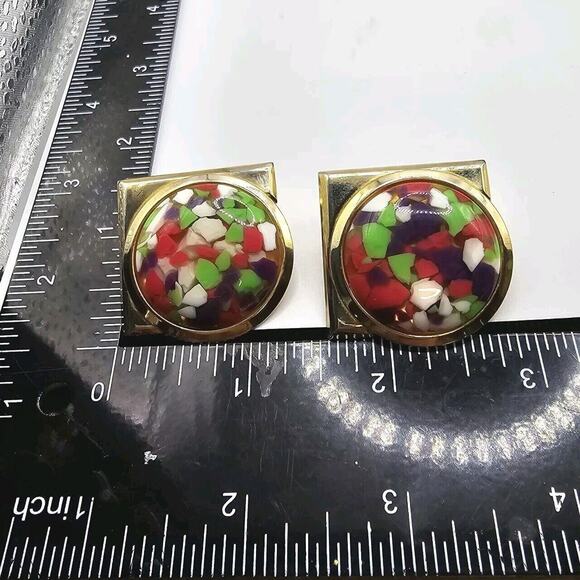 Clip-On Earrings Confetti Mosaic Multicolor Bold Retro Statement Gold Tone - Picture 6 of 7